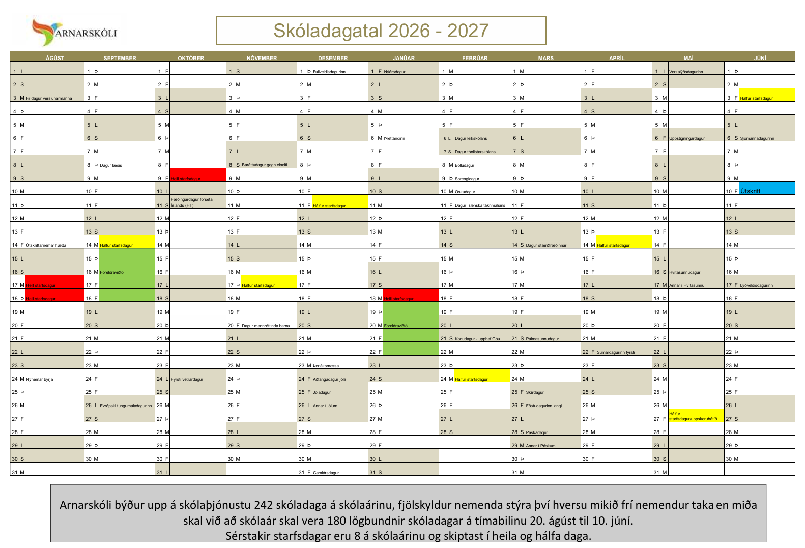 Skóladagatal 2026-2027